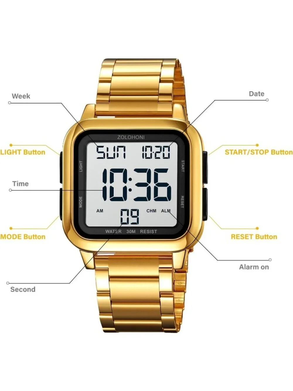 Men's Gold Analog Quartz Stainless Steel Waterproof Square LED Digital Watch
